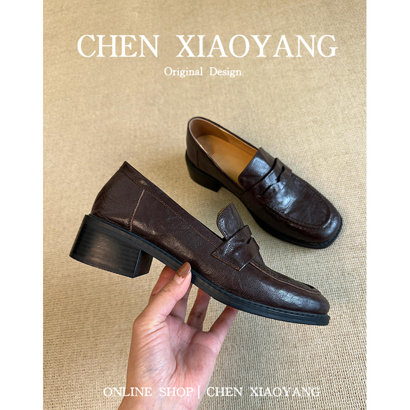 手工真皮复古乐福鞋女粗跟软羊皮一脚蹬百搭小皮鞋英伦风通勤单鞋