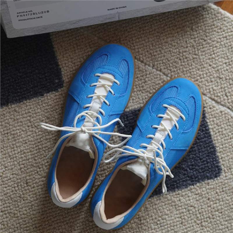 Cowhide Version ~ Thick-Soled Sports Blue Moral Training Shoes for Women, Retro Round-Toe Lace-Up Casual Sneakers, Versatile Forrest Gump Shoes