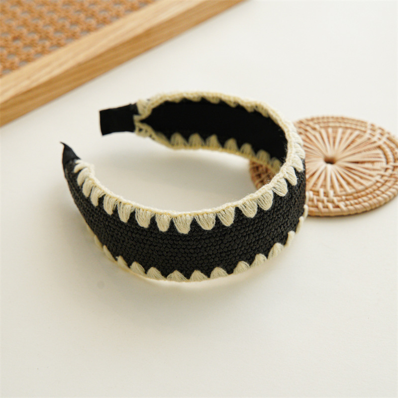 Europese en Amerikaanse brede wollen raffia hoofdband eenvoudige kruisgeknoopte hoofdband stro geweven haarspeld haarsieraden_voghion.com