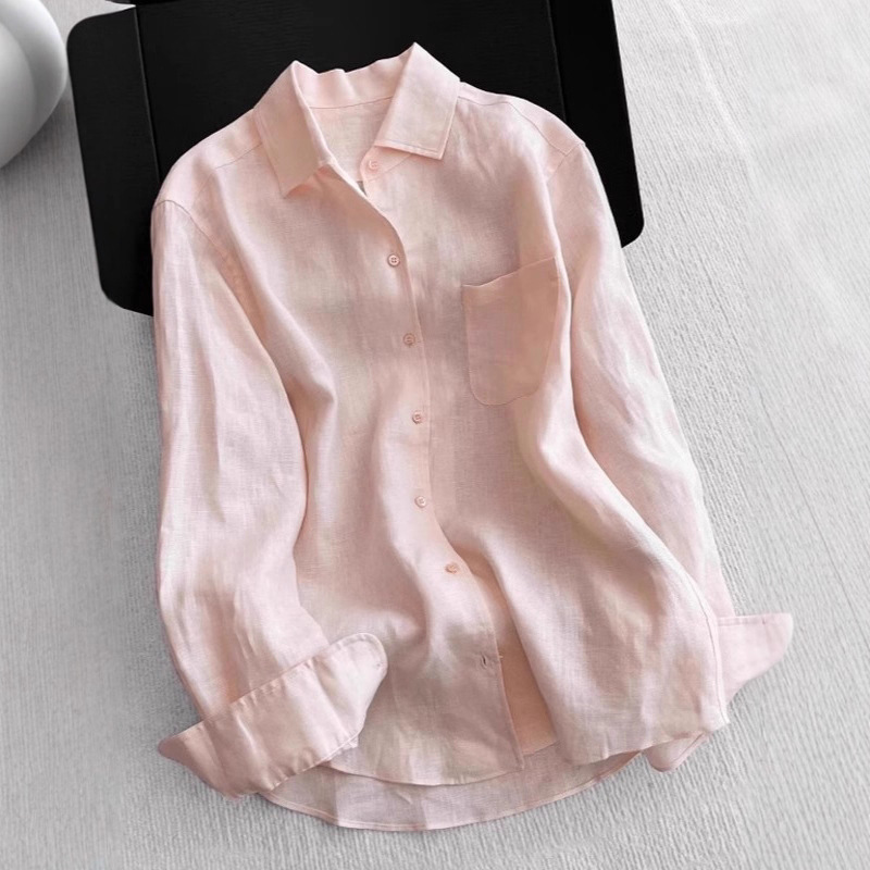 Recommended! Peach Pink Tencel Linen Shirt for Women, Summer 2025, Loose Fit, Elegant, Sun-Protective, Breathable, Versatile Shirt