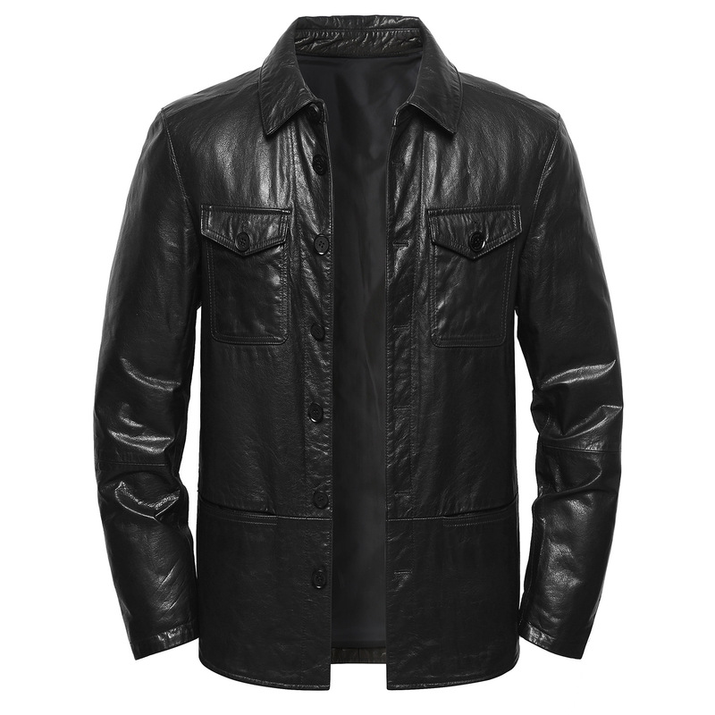 Dewu Haining Genuine Leather Men's Motorcycle Jacket, Thin Slim-Fit Stylish Shirt, Casual First-Layer Cowhide Coat