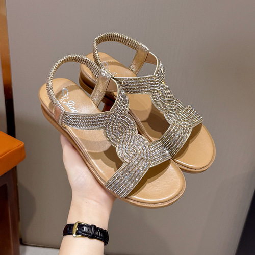 European and American size 42 wedge sandals for women, 2025 summer, round head, water drill one-piece strap sandals for women, thick sole sandals