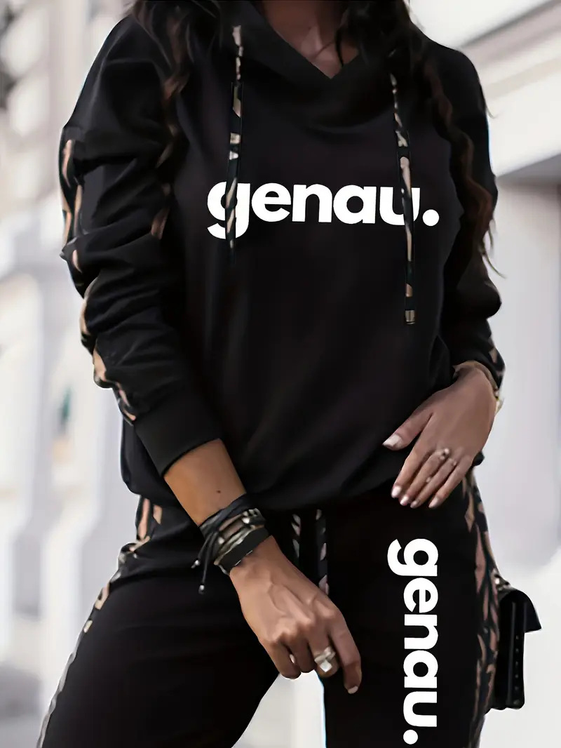 Ensemble sweat à capuche et pantalon de jogging tendance imprimé 3D – Tenue de détente surdimensionnée à imprimé lettres (S-XXL, polyester)_voghion.com