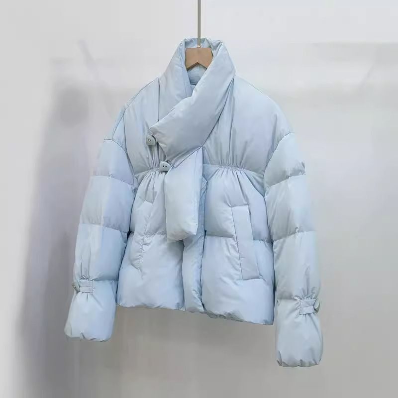 Winter New Scarf Horn down Jacket Short Petite Fashion Warm Puffer Duck down Coat Light Blue Light Purple