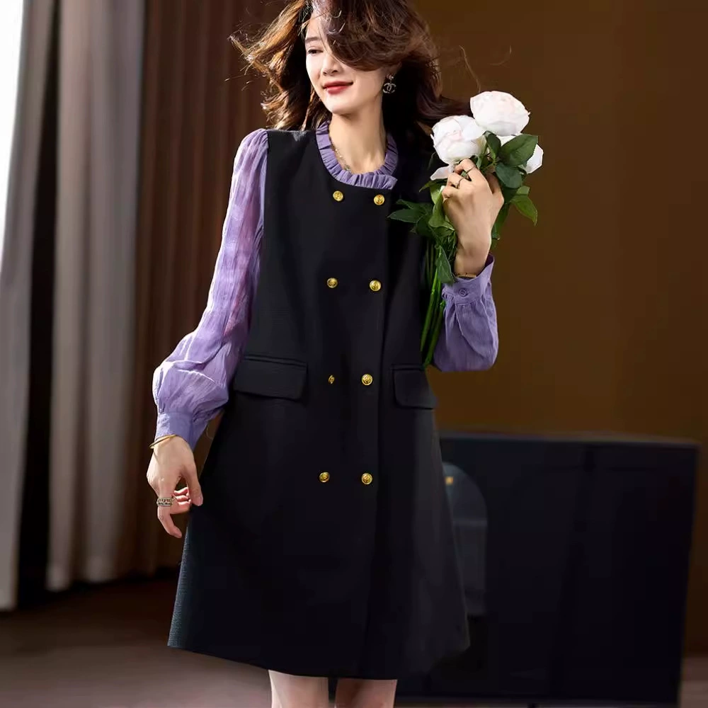 Новое осеннее платье 2025 года в европейском стиле, красивое и модное, омолаживающее, в стиле маленького Шанель, фиолетовое, с эффектом двухслойности, для женщин