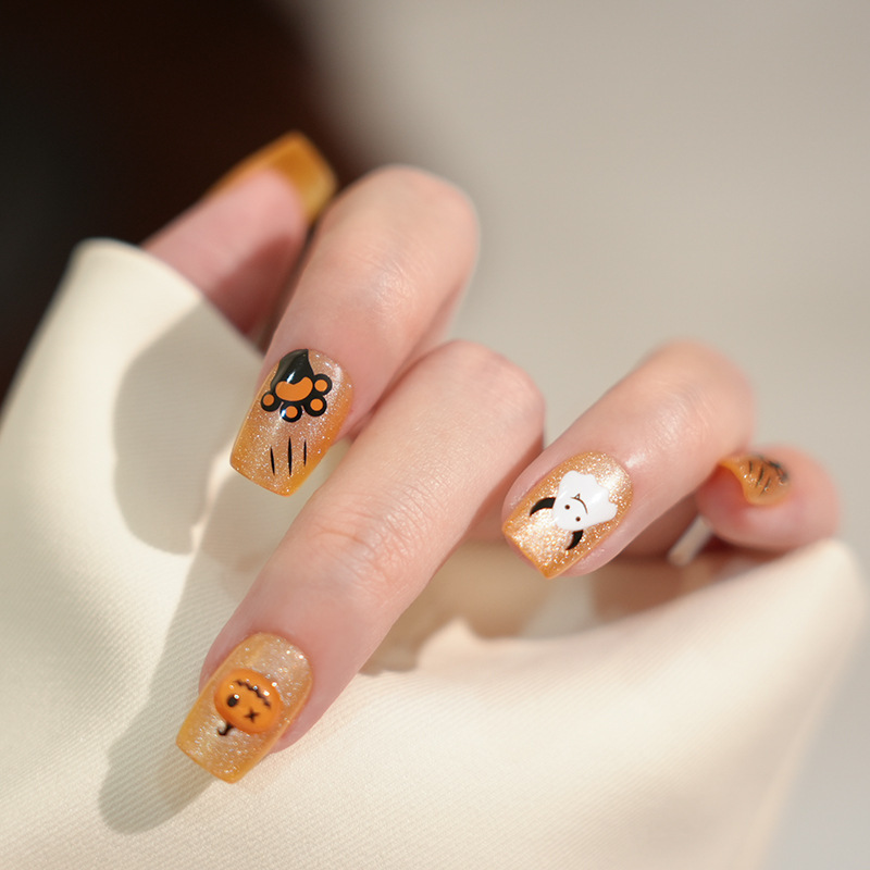 Sweet and Cool Style Halloween Wearable Nails: Orange Cat Eye, Pumpkin, Ghost, Black Cat, Cat Claw, Detachable Nail Tips Sweet and Cool Style Halloween Wearable Nails: Orange Cat Eye, Pumpkin, Ghost, Black Cat, Cat Claw, Detachable Nail Tips
