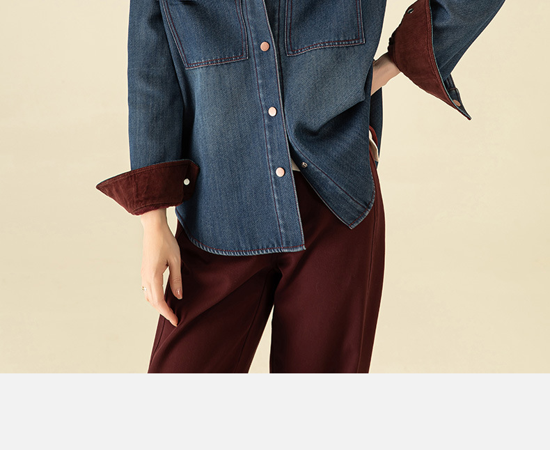 Áo sơ mi denim nữ phong cách retro Hàn Quốc lót lông cừu dày dặn, dáng rộng mặc nhiều lớp mùa đông — Màu xanh lam chi tiết 5