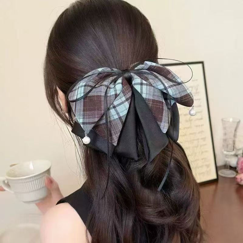 韩版格子蝴蝶结丝带抓夹高级感后脑勺半扎发马尾夹气质显发量发夹|undefined