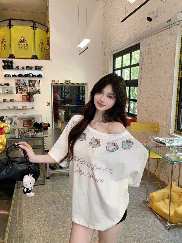 Thebestxue ルーススタイルオフショルダーホットダイヤモンドキティヘッドホワイト半袖 Tシャツレディースサマーオフショルダートップ|undefined