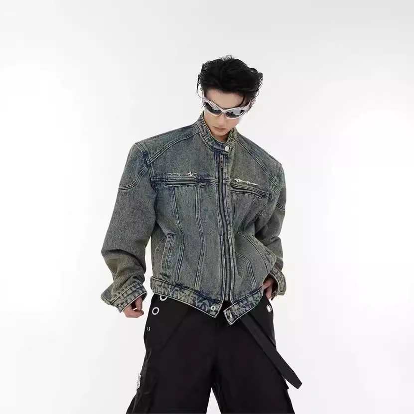 Chaqueta de mezclilla corta con hombreras americanas Chaqueta de mezclilla con cuello alto y cuello alto con sentido de alta gama para hombre