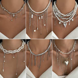 欧美跨境法式珍珠短款项圈choker 小众爱心十字架多层缠绕项饰品