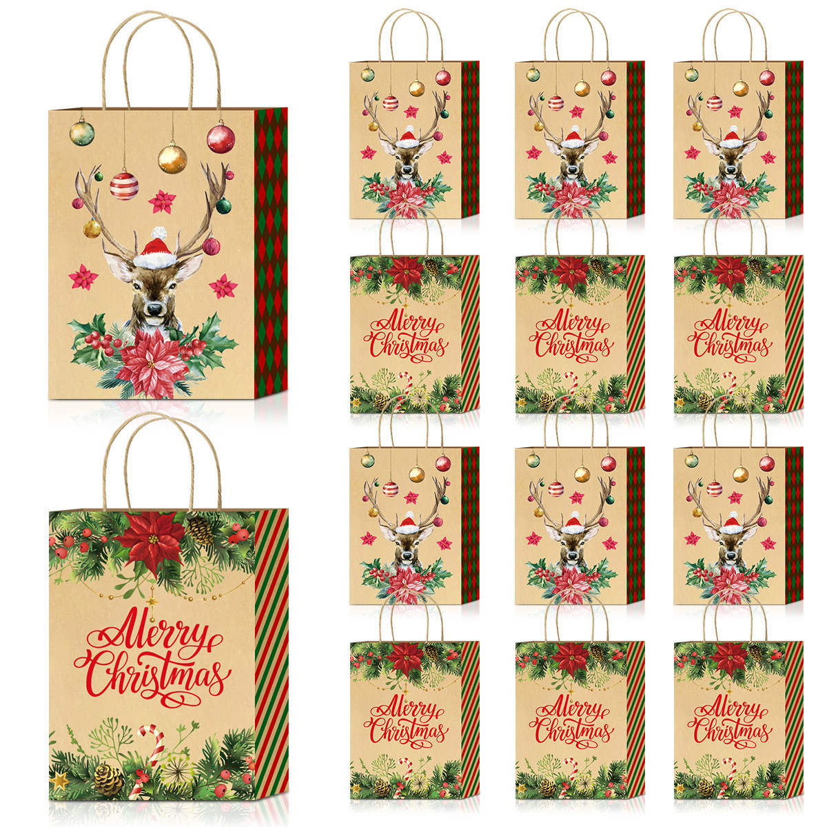 跨境纸袋圣诞牛皮纸手提纸袋烫红款高级感购物印刷烫金手提纸袋