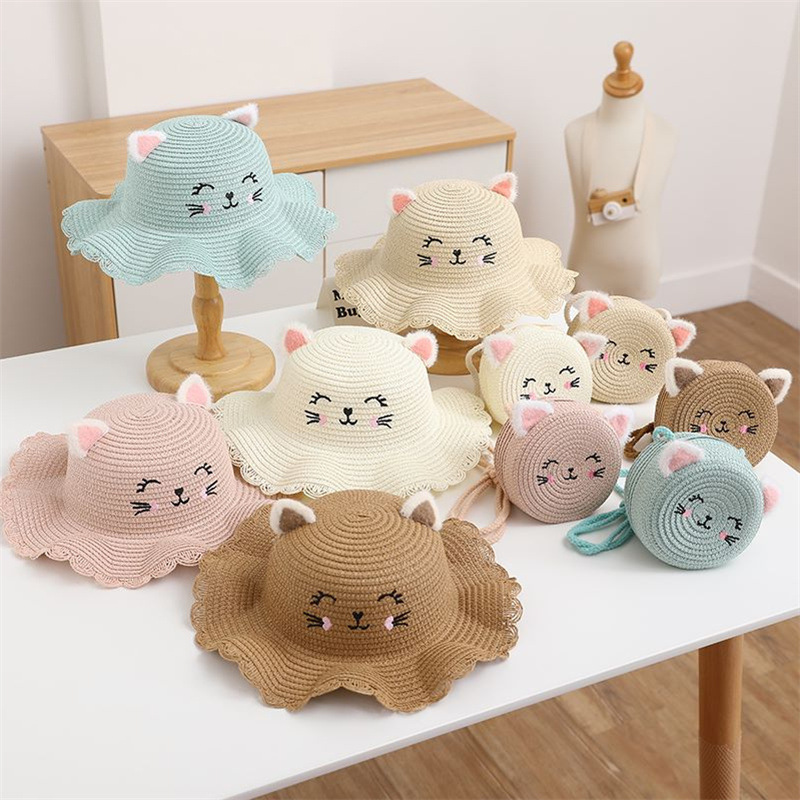 新しい子供用編み込みかわいい日よけ帽子、蓮の葉麦わら帽子、猫麦わら帽子、斜め麦わらバッグ日よけ帽子、小売および卸売|undefined
