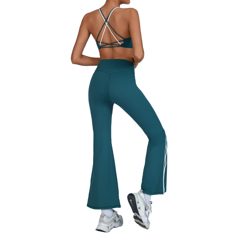 Comercio exterior transfronterizo europeo y americano nuevo traje de yoga belleza femenina chaleco cruzado de color de contraste cintura alta pantalones acampanados blancos de secado rápido