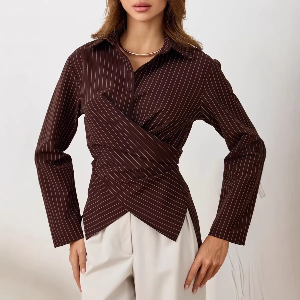 European and American Cross-Border Women's Fashion: Lapel Collar, Waist-Cinching Design, Color-Blocked Striped Long-Sleeve Shirt, Available on Amazon Independent Site
