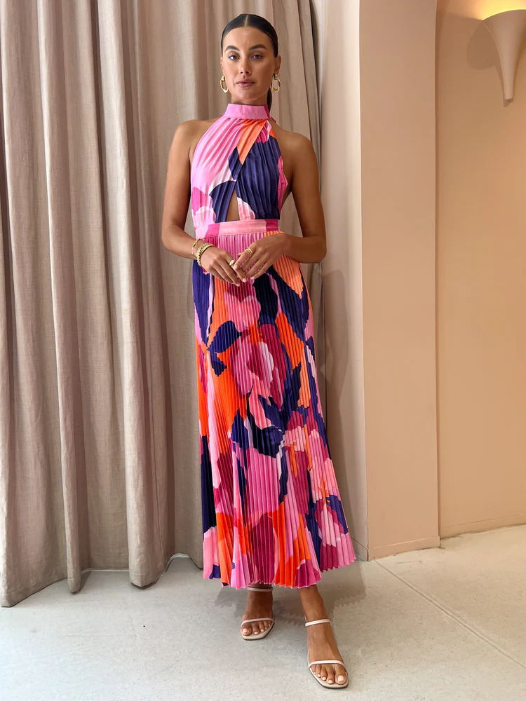 Color Block Pattern Summer Season Women's Gender Wholesale Women's Vacation Pleated Hollow Out Backless Color Block Daily Halter Neck Sleeveless Swing Dress