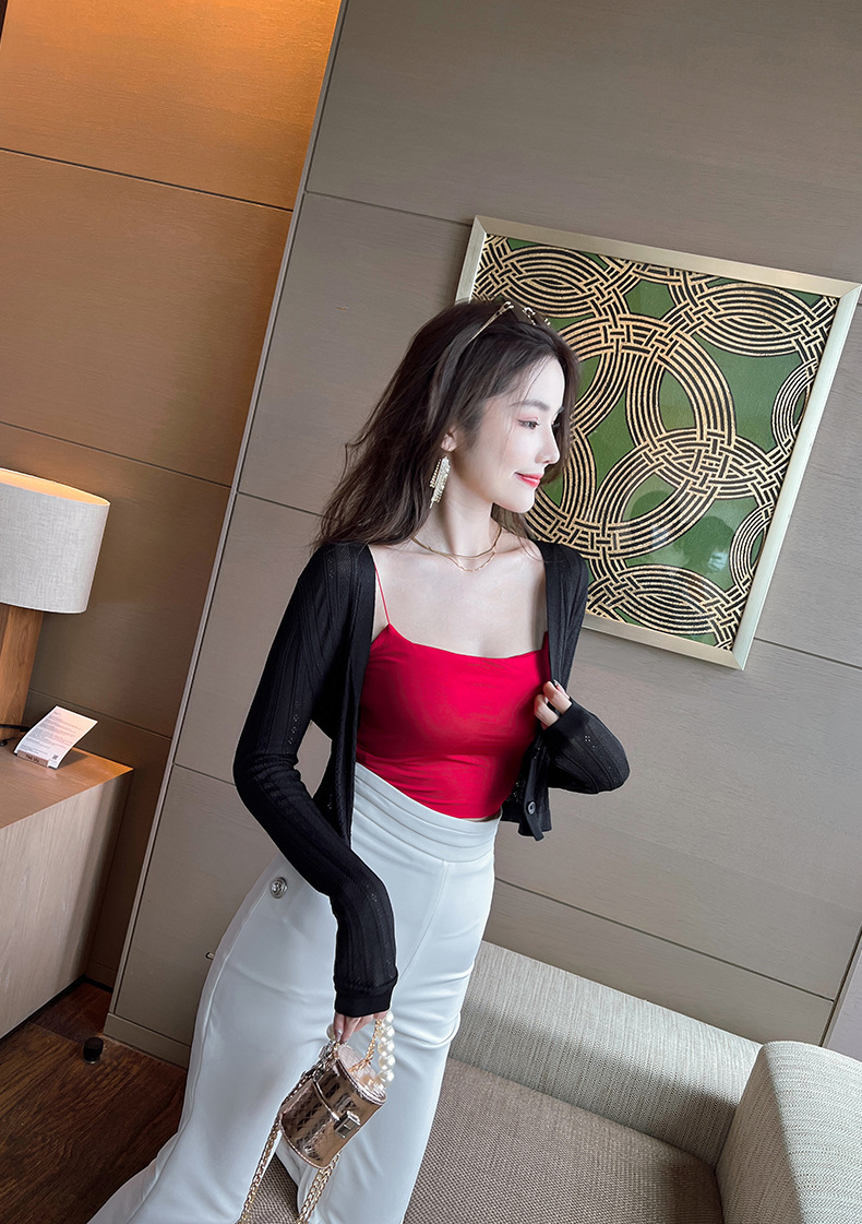 Áo cardigan nữ dệt kim mỏng chống nắng, tay ngắn, dáng suông, phối khăn choàng — Màu đen chi tiết 9