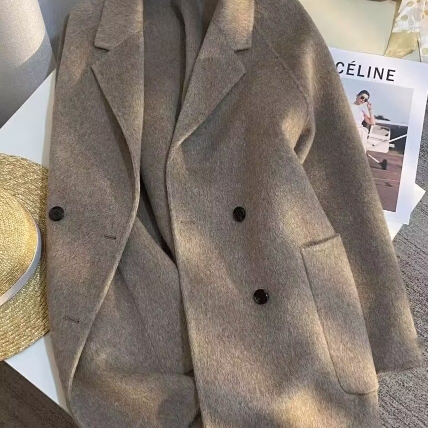 感赫本风双面羊绒大衣西装领短款气质慵懒风羊毛呢俄式外套秋