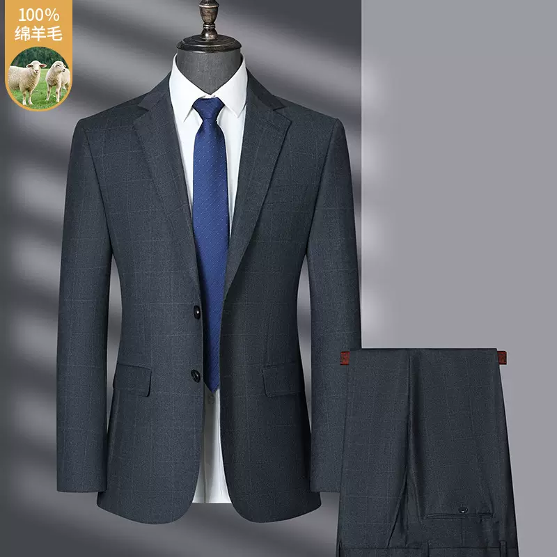100羊毛西装套装春秋商务潮流男士中青年高档新郎礼服西服外套男