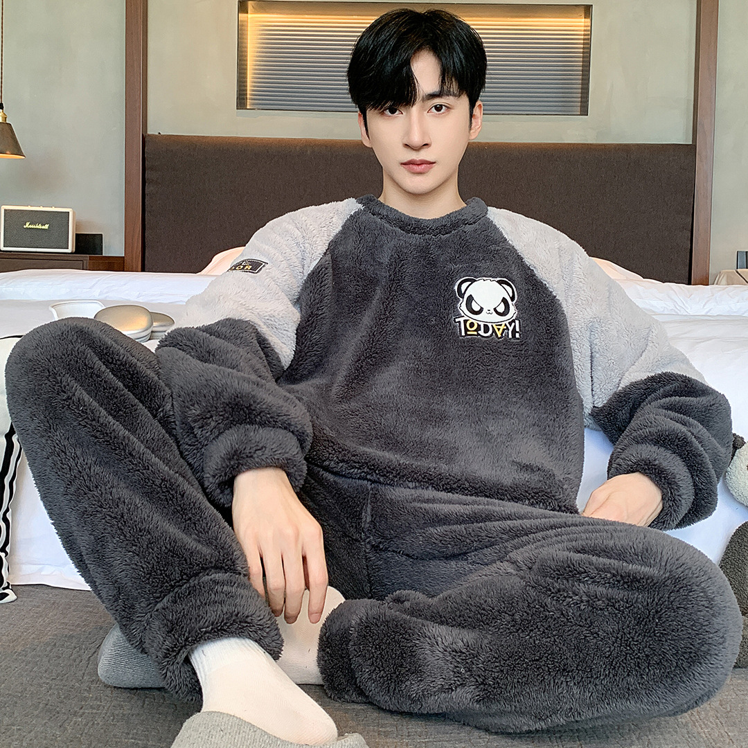 Pijamas de peluche de invierno para hombres guapo simple dibujos animados panda de peluche grueso ropa de casa de dos piezas