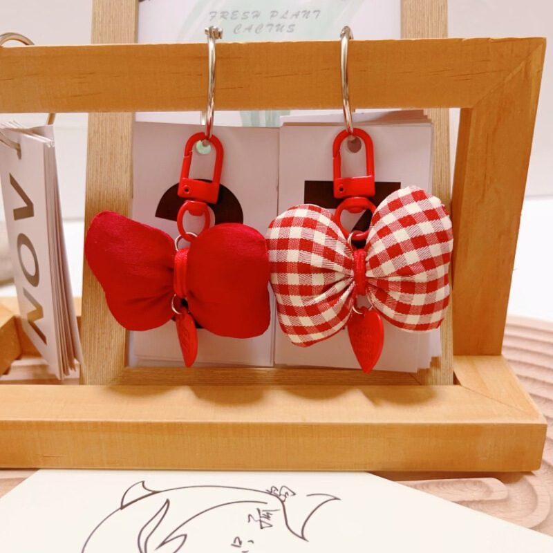 Korean Version Ins Cotton-Filled Plaid Bow Keychain Girly Sweet Bag Pendant Car Keychain Accessories