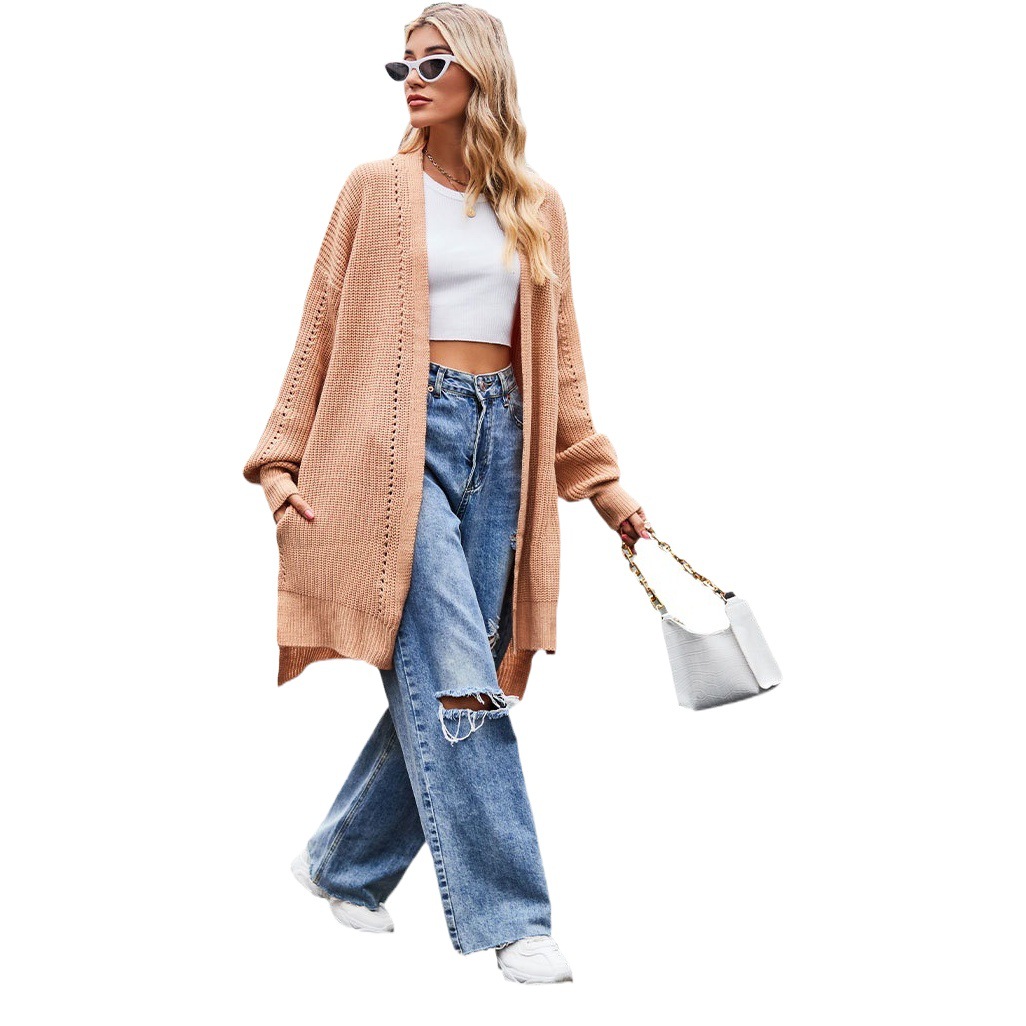 Suéter Nuevo de Otoño e Invierno 2025 para Mujer, Estilo Europeo y Americano, Color Sólido, Cárdigan Holgado de Punto con Bolsillos, Chaqueta