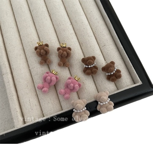 秋冬毛绒小熊系列耳钉项链戒指ins复古可爱皇冠卡通耳钉杨幂同款