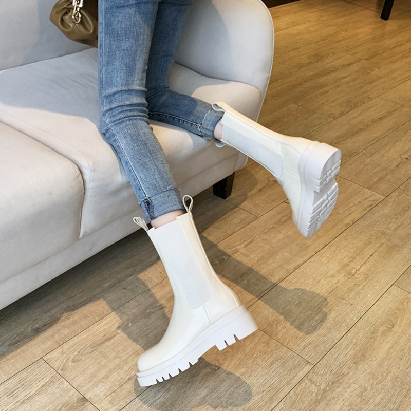 潮牌白色真皮烟筒靴女春秋新款时尚百搭内厚底切尔西短靴|undefined