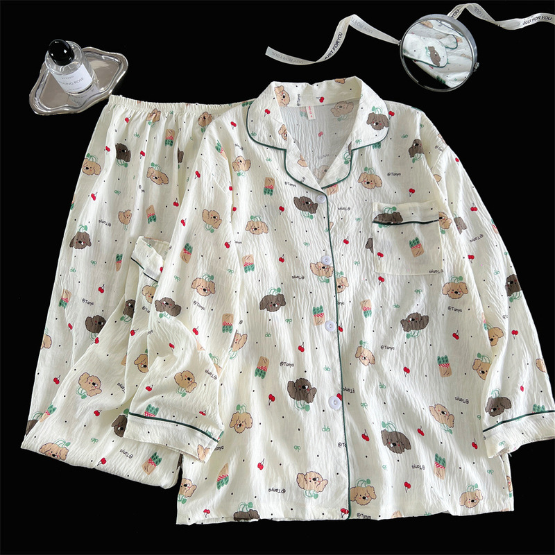 跨境直播睡衣女春秋云朵棉翻领开衫长袖长裤卡通甜美家居服女套装|undefined