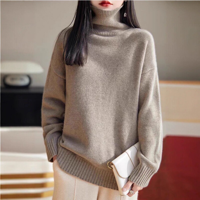 Women's high-neck sweater, loose-fitting base layer for fall and winter, casual and thick knit top with a turned-down collar