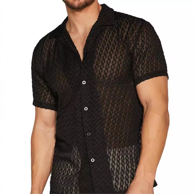 Spot 2025 European and American New Men's Cut Out Jacquard See-Through Shirt Lace Fashion Casual Slim Top