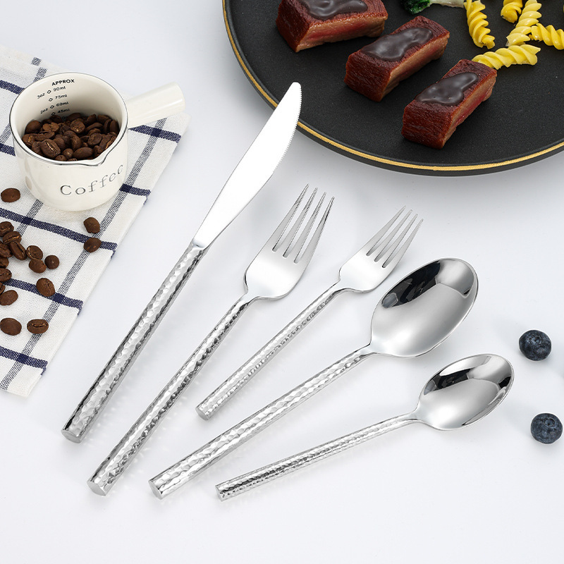 Amazon 304 High-end Hammered Round Handle Hotel Western Steak Knife, Fork and Spoon 5 Pieces suit Gold Plated Stainless Steel Tableware