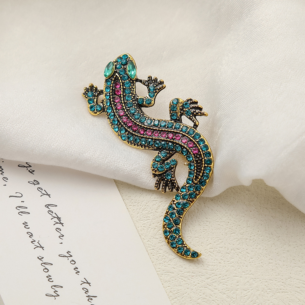 Broche exclusive transfrontalière unique en alliage, style européen et américain, ornée d'un gecko et de diamants._voghion.com