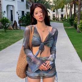 小辣妹高级分体泳衣女感复古欲四件套比基尼胸纯扎染天花板泼墨无