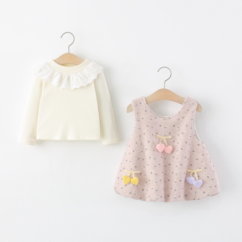 Children's clothing for girls, spring and autumn outfit: baby girl's lace collar long-sleeve t-shirt + floral bud vest dress two-piece set Children's clothing for girls, spring and autumn outfit: baby girl's lace collar long-sleeve t-shirt + floral bud vest dress two-piece set