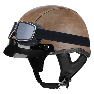 safety helmet leather helmet, Motosiklet kaskı (dəbilqə) - light-brown-leather-brim-square-retro-mirror-m56-57cm