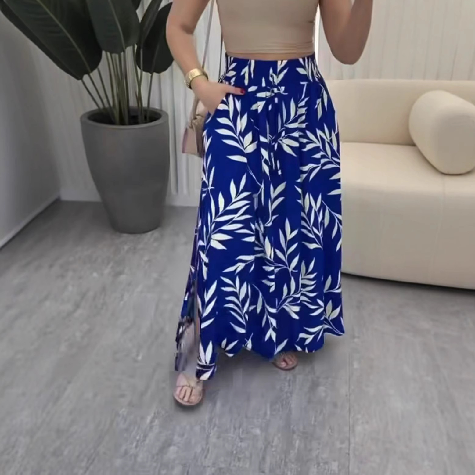 Women's Casual Wide Sleeve Printed Slit Pocket Midi Skirt Bestselling_ecoleips.com