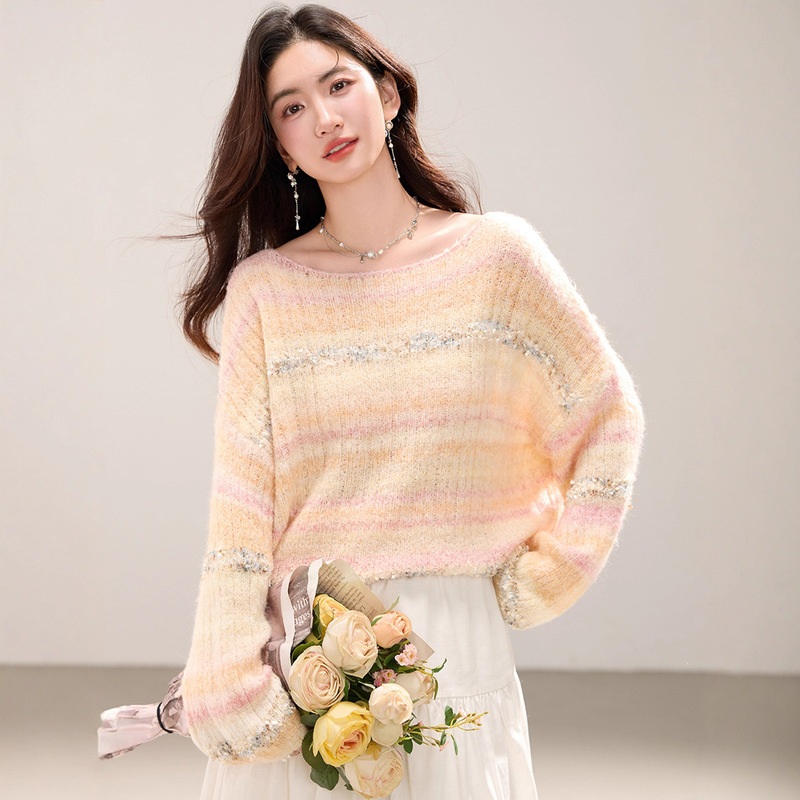 French High-End Gradient Sequin Super Nice Knitwear for Women in Autum Plus Size Fat mm Slimming Look Loose Flesh-Covering Knitwear