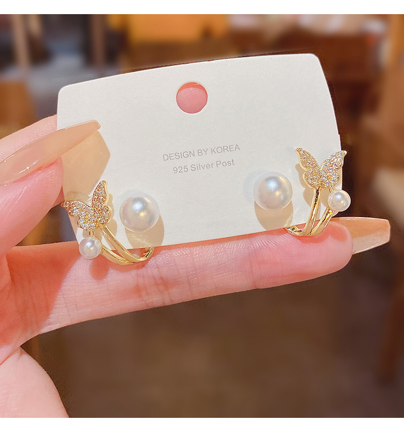 Fashion Butterfly Copper Plating Inlay Pearl Zircon Ear Studs 1 Pair