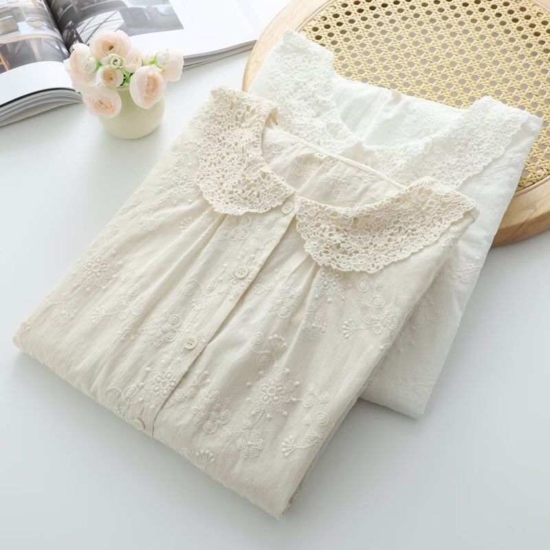 Japanese-Style Youthful Lace-Trimmed Collar Full-Body Embroidery Solid Color Women's Cardigan Long-Sleeve Shirt Wholesale