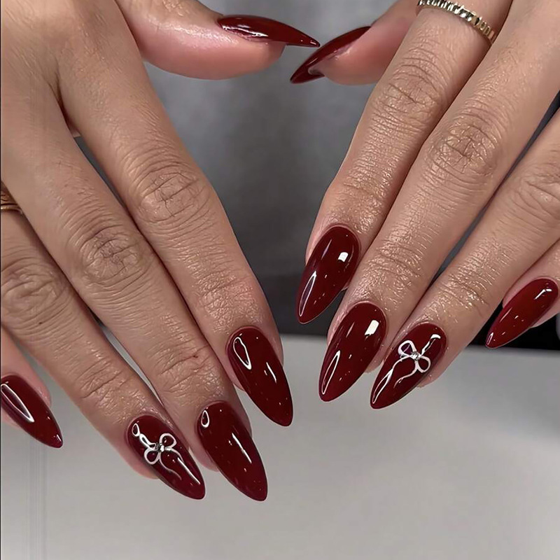 Burgundy Valentine's Day Bow Dot Diamond Nail Art Red Valentine's Day Manicure European and American Festival Long Water Drop Manicure