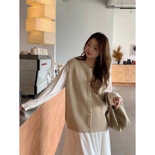 Plus size women's Korean-style solid color all-match round neck knitted cardigan vest loose stacked sleeveless sweater top