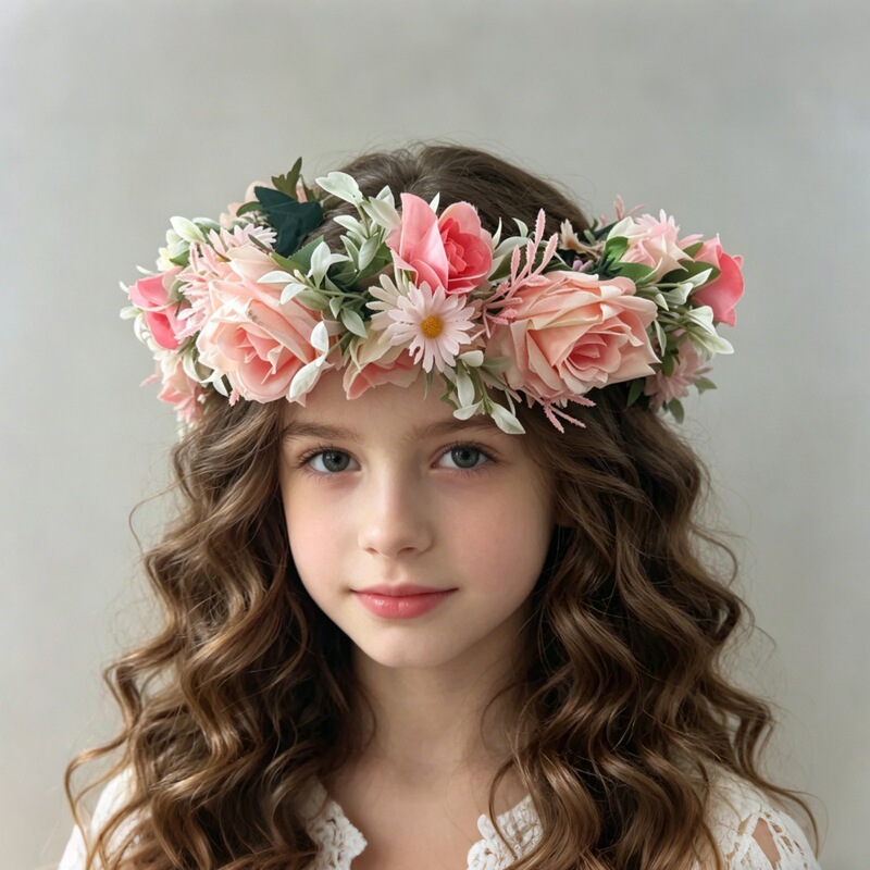 Forest-Style Artificial Flower Wreath Headband for Girls, Bride, Wedding Photoshoot, Pink Daisy Fabric Hairband