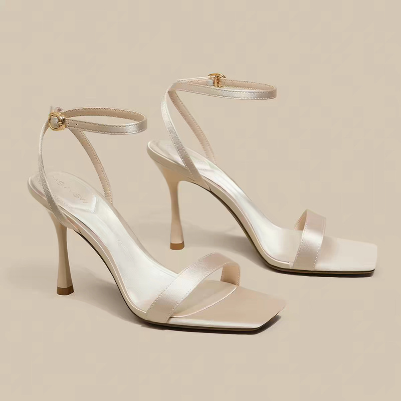 Off-White Square-Toe Stiletto Sandals with a Single Strap, Mature and Elegant Style, Make Your Legs Look Longer, Fashionable Shoes