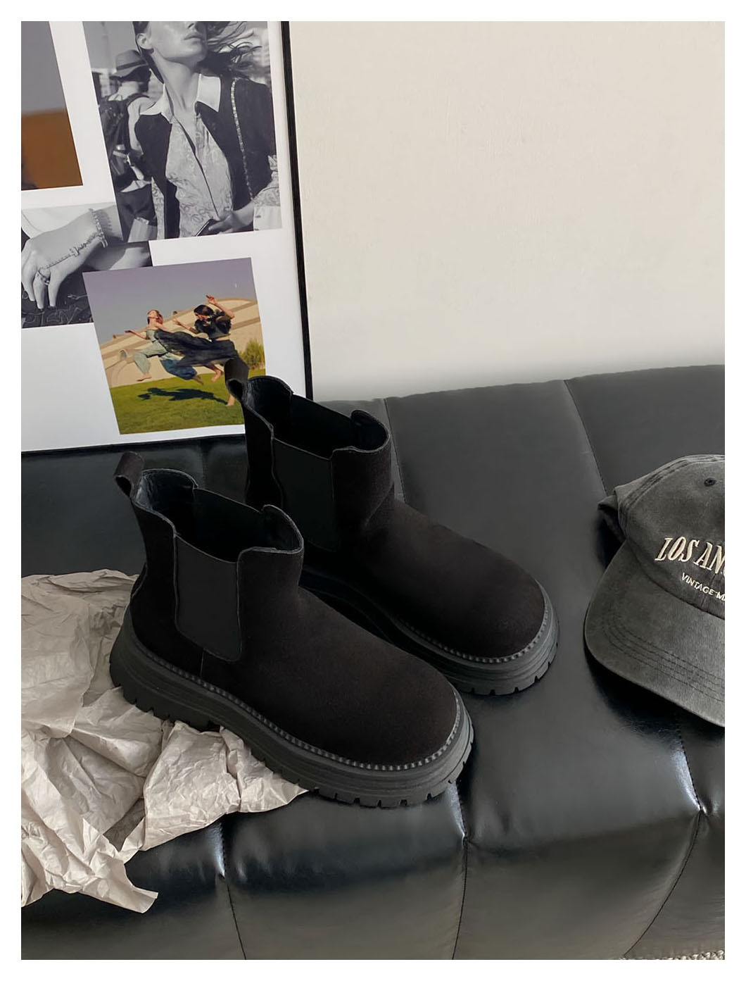 Retro all-in-one platform booties Women's new ankle boots with thick heel elastic sanded leather boots_voghion.com