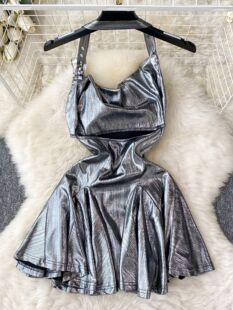 European and American Spice Girl Hanging Neck Sling dress Women's Hollow Swing Collar Metal Face Fried Street Design Small Pure Desire Skirt