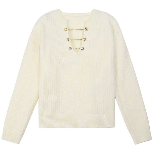 Autumn/Winter Korean Style V-Neck Unique Lace Chain Hoodless Design Women's Long Sleeve Knitted Cardigan