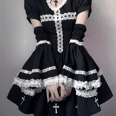 万圣节修女服cos服装cosplay女连衣裙女蓬蓬裙黑色连衣裙服饰QCCB