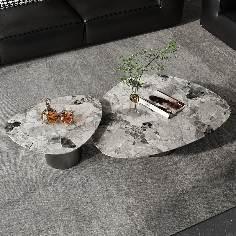 Italian-Style Minimalist Marble Coffee Table, Light Luxury Stainless Steel Triangular Modern Simple Design, Trendy High-End Side Table