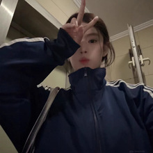 休闲藏蓝色三条杠外套女棒球服夹克正肩卫衣薄款运动秋季流行风格